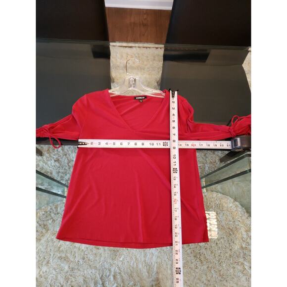 Express Blouse Women XS Red Bell Sleeve V Neck Stretch Pullover Top Chic - Picture 11 of 13